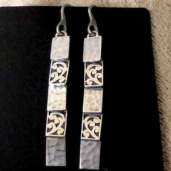 LOIS HILL Sterling Silver Drop Dangle Alternating Hammered Filigree Earrings - Picture 3 of 16